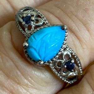 D’JOY 925 Sterling Silver Carved Turquoise & Sapphire Ring | Vintage | Size 7